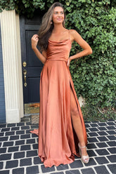 Blush Spaghetti Strap A-Line Long Prom Dress with Front Split
