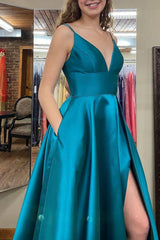 Simple Blue Prom Dress with A-line Cut and Slit