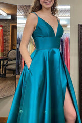 Simple Blue Prom Dress in A-line Style with Slit