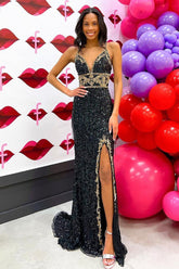 Black Sequined Long Prom Dress with Mermaid Spaghetti Straps and Front Split