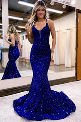 Royal Blue Sparkly Mermaid Prom Dress with Lace-Up Back and Sequins