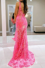 Elegant Fuchsia Mermaid Gown with Deep V Neckline and Open Back