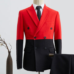 Glamorous Peaked Lapel Black and Red Stitching Suit for Man Double-Breasted