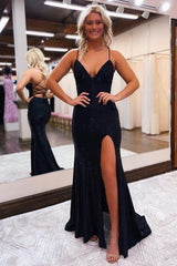 Long Blue Sequined Prom Dress with Spaghetti Straps and a Slit