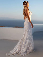 Stunning Mermaid White V-Neck Bridal Dresses Backless Lace Wedding Dresses