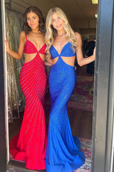 Mermaid Long Prom Dress with Royal Blue Sparkly Spaghetti Straps and Cut-Out