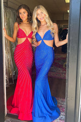 Mermaid Long Prom Dress with Royal Blue Sparkly Spaghetti Straps and Cut-Out