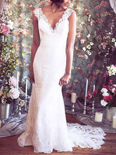 Mermaid V-neck Lace Wedding Dress with Appliques and Sweep Train