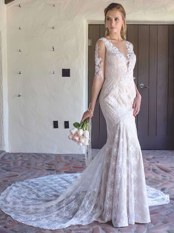 Sexy Deep V-Neck Half Sleeves Mermaid Lace Court Train Wedding