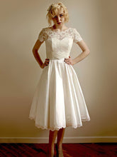 A-line Illusion Taffeta Tea-length Wedding Dress With Appliques Lace