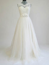 Lace Embellished Ball Gown Illusion Tulle Sweep Train Wedding Dress