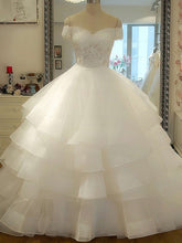 Off-the-shoulder Ball Gown Wedding Dress With Organza Court Train and Tiered Skirt