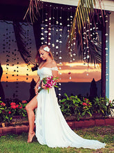 A-line Off-the-shoulder Chiffon Wedding Dress with Split Front and Sweep Train