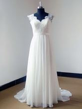 A-line V-neck Chiffon Sweep Train Wedding Dress with Appliques Lace