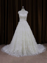 High Neck Lace Court Train Wedding Dress with Sashes/Ribbons
