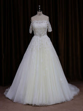 Beaded Off-the-shoulder Tulle Court Train Wedding Gown