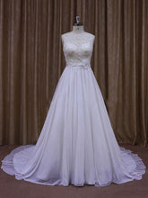 Elegant Ball Gown Illusion Chiffon Chapel Train Wedding Dress with Beading