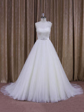 One Shoulder Tulle Court Train Wedding Dress with Appliques Lace and Ball Gown