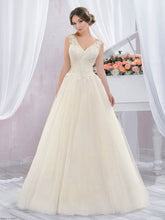 V-neck Tulle Floor-length Wedding Dress with Appliques and Lace