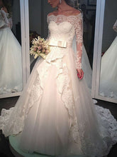Beautiful Off-the-shoulder Wedding Gown with Appliques Lace and Tulle Sweep Train