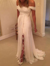 Sheath/Column Off-the-shoulder Chiffon Sweep Train Wedding Dress With Split Front