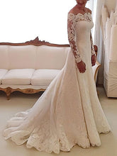 Elegant A-line Off-the-shoulder Wedding Dresses With Tulle Sweep Train and Appliques Lace
