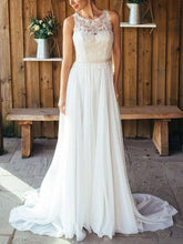 A-Line Illusion Chiffon Sweep Train Wedding Dress with Appliques Lace