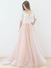 V-neck Lace Tulle Ball Gown Wedding Dress with Sweep Train