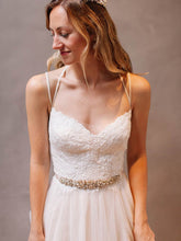 A-line V-neck Tulle Wedding Dress with Appliques Lace and Sweep Train