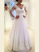V-neck Tulle Ball Gown Wedding Dress with Appliques Lace and Sweep Train
