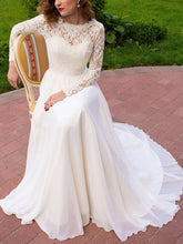 A-line Illusion Lace Chiffon Wedding Dress with Sashes/Ribbons
