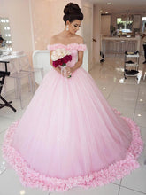 Off-the-shoulder Tulle Ball Gown Court Train Wedding Dress with Appliques Lace