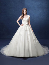V-neck Tulle Court Train Wedding Dress with Appliques Lace