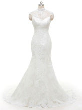Elegant Trumpet/Mermaid High Neck Tulle Sweep Train Wedding Dress with Appliques Lace
