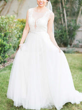 A-line Illusion Tulle Wedding Dress With Appliques Lace and Sweep Train