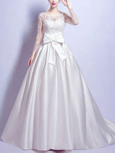 Illusion Satin Court Train Wedding Dress with Appliques Lace