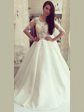 Illusion Satin Ball Gown Wedding Dress with Appliques Lace and Sweep Train