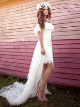 Elegant Sheath/Column Off-the-shoulder Lace Tulle Asymmetrical Wedding Dress with Cascading Ruffles
