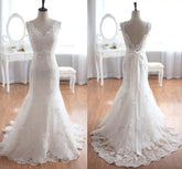 V-neck Tulle Sweep Train Wedding Dresses With Appliques Lace - Trumpet/Mermaid Style