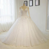 Illusion Tulle Court Train Wedding Dress With Appliques Lace for a Ball Gown Look
