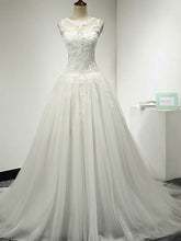 Illusion Tulle Ball Gown Wedding Dress with Appliques Lace and Sweep Train
