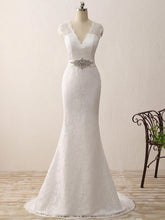 Elegant Trumpet/Mermaid V-neck Lace Wedding Dress with Sashes/Ribbons and Sweep Train