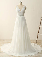 A-line V-Neck Chiffon Wedding Dress with Appliques Lace and Sweep Train