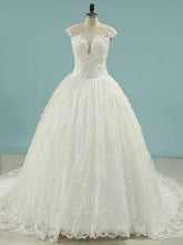 Illusion Lace Tulle Chapel Train Wedding Dress With Appliques Lace