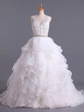 Stunning V-neck Organza Ball Gown Wedding Dress with Court Train and Cascading Ruffles