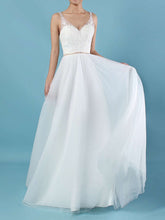 A-line V-neck Tulle Wedding Dress With Beading and Sweep Train