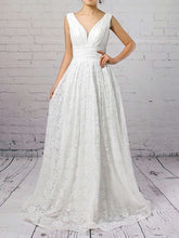 A-Line V-Neck Lace Floor-Length Wedding Dress With Ruffles