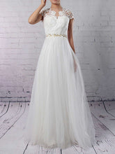A-Line Illusion Tulle Floor-Length Wedding Dress with Beading