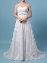 A-line Sweetheart Lace Wedding Dress with Sweep Train and Sashes / Ribbons