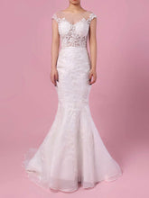 Mermaid Illusion Tulle Wedding Dress with Appliques Lace and Sweep Train